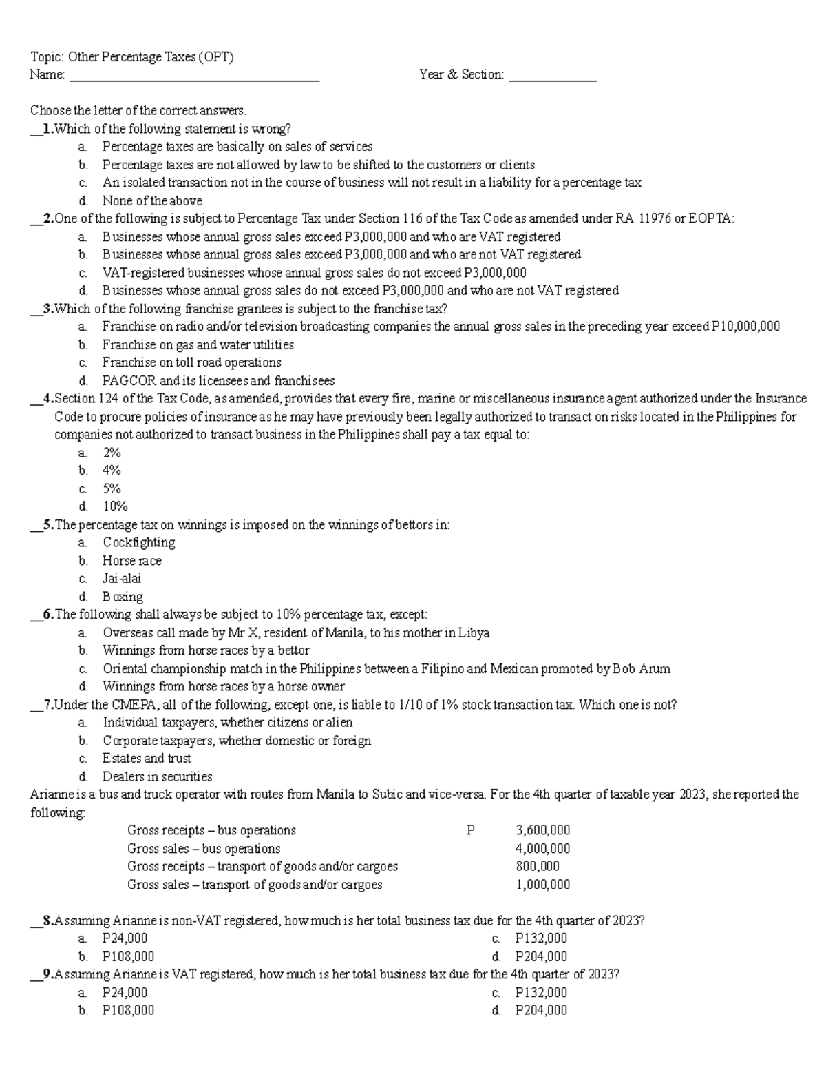 OPT: Other Percentage Tax Study Guide and Review - Studocu