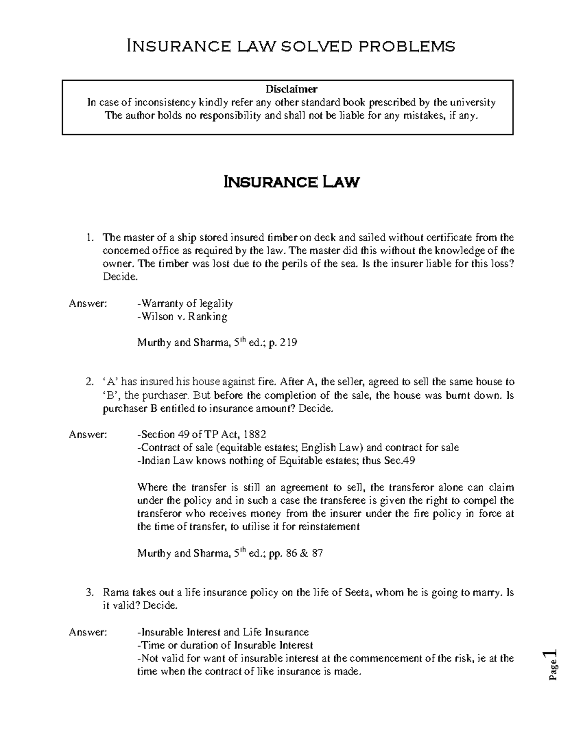 Insurance Law Case Studies and Problems (Course Code: XYZ101) - Studocu