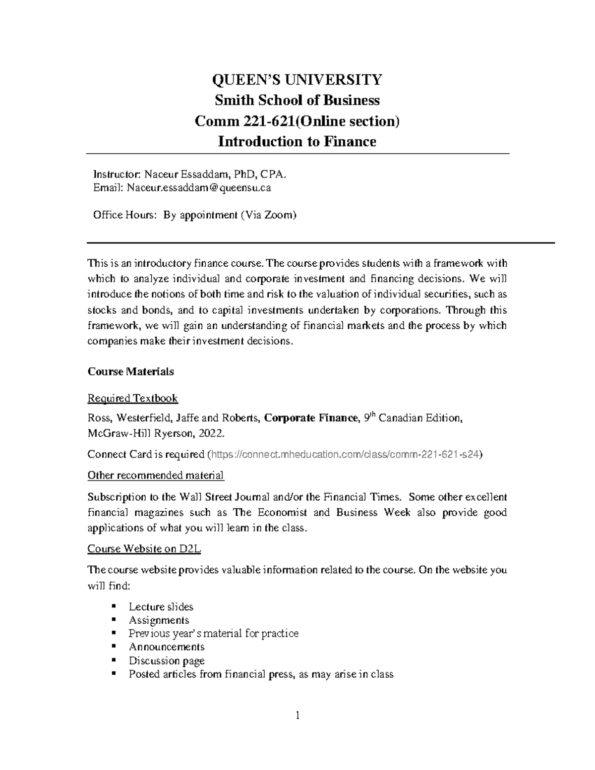 Comm 221 621 Online Introduction To Finance Syllabus S24 Studocu