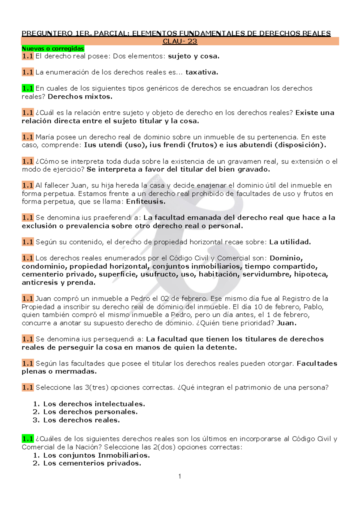 Preguntas 1ER Parcial: Elementos Fundamentales de Derechos Reales - Document Preview