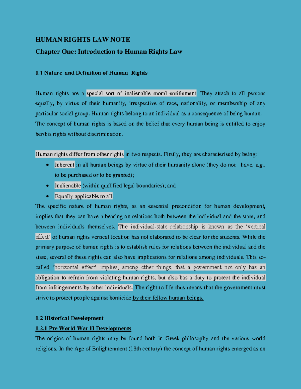 Human Rights LAW NOTE - Short summery - HUMAN RIGHTS LAW NOTE Chapter ...