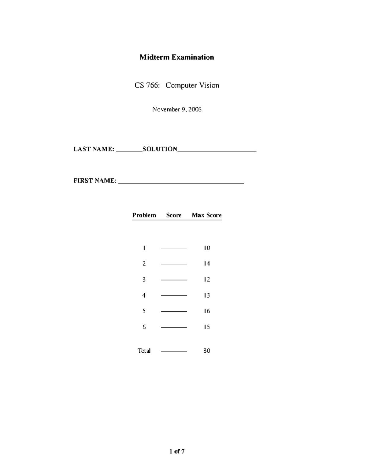 CS 766 Midterm Exam Solutions - Computer Vision (November 2006) - Studocu