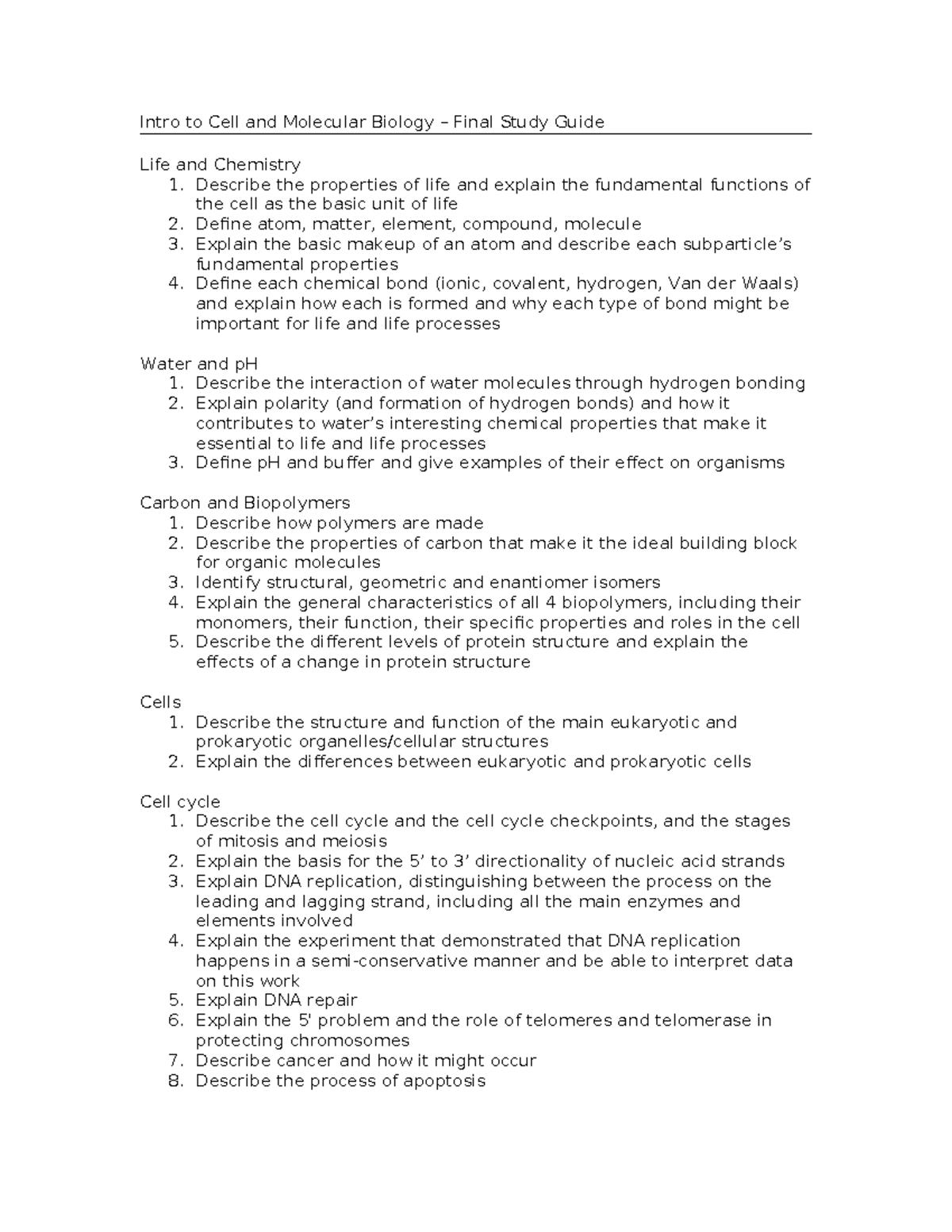 Intro to Cell and Molecular Biology - Final Exam Study Guide - Studocu
