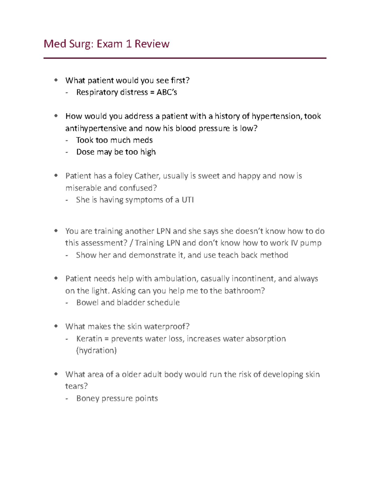 Med Surg NUR 101: Exam 1 Comprehensive Study Guide - Studocu