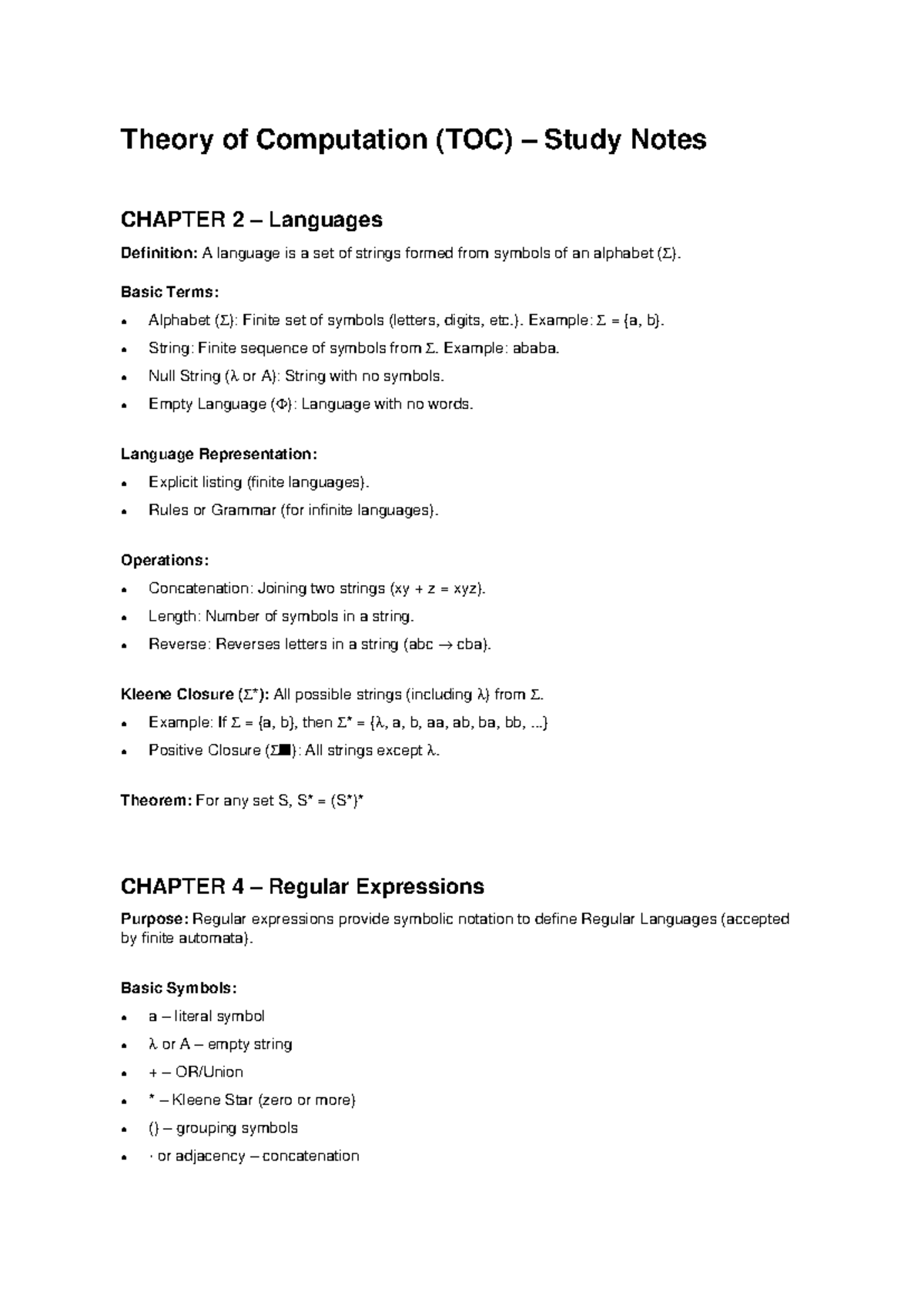 TOC Study Notes: Chapter 2 & 4 - Languages & Regular Expressions - Studocu