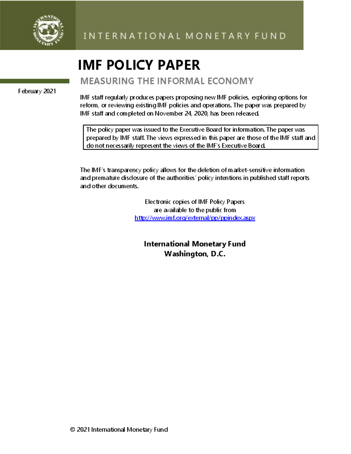 IMF POLICY PAPER: MEASURING THE INFORMAL ECONOMY (Feb 2021) - Studocu