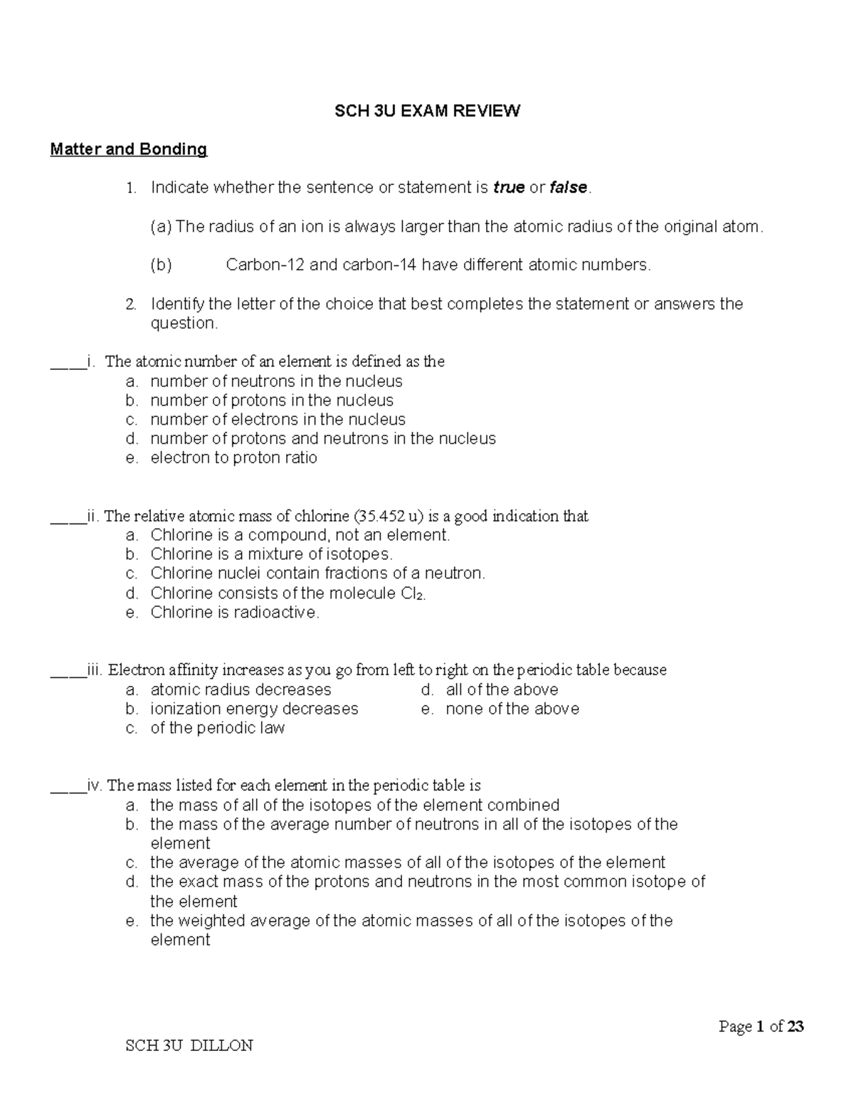 Grade 11 Chemistry (SCH 3U) Exam Review Notes on Matter and Chemical ...
