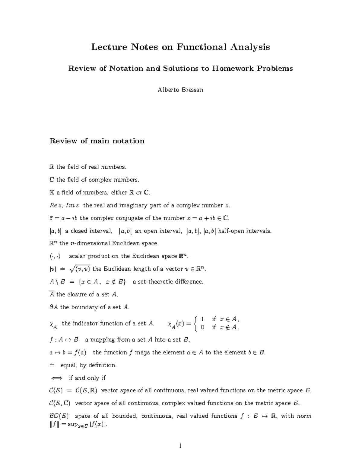Bressan - Functional Analysis Lecture Notes & Homework Solutions 1 ...