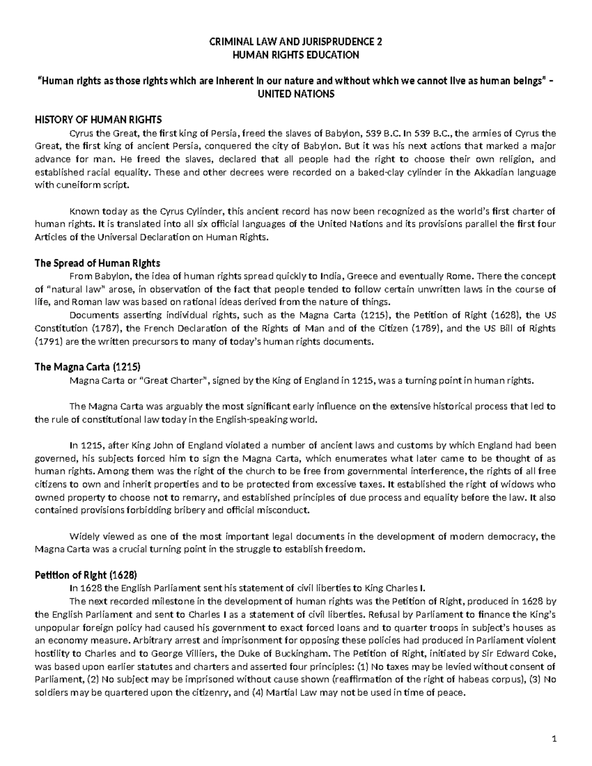 CLJ 2 Midterm: Human Rights Education and International Law Overview ...