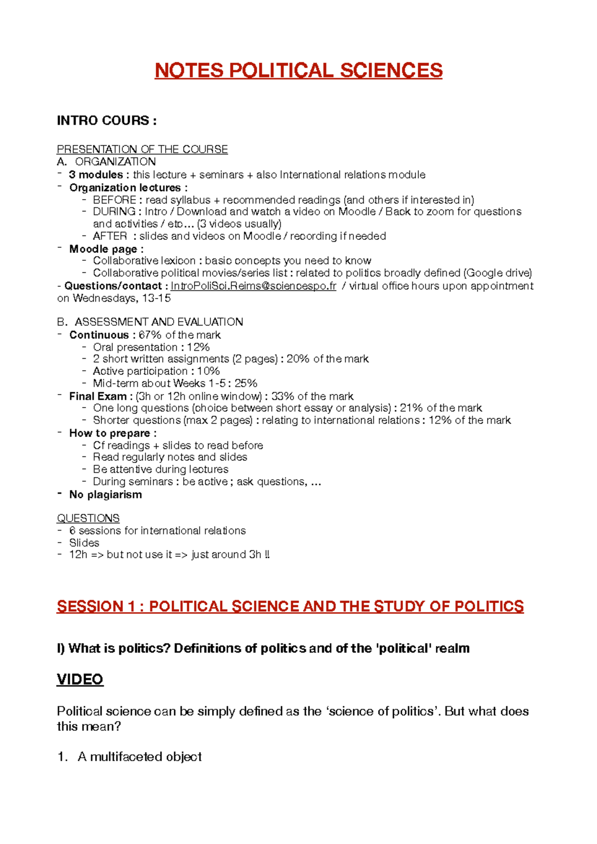 Political Science Lecture Notes: Sessions 1-2 Overview - Studocu
