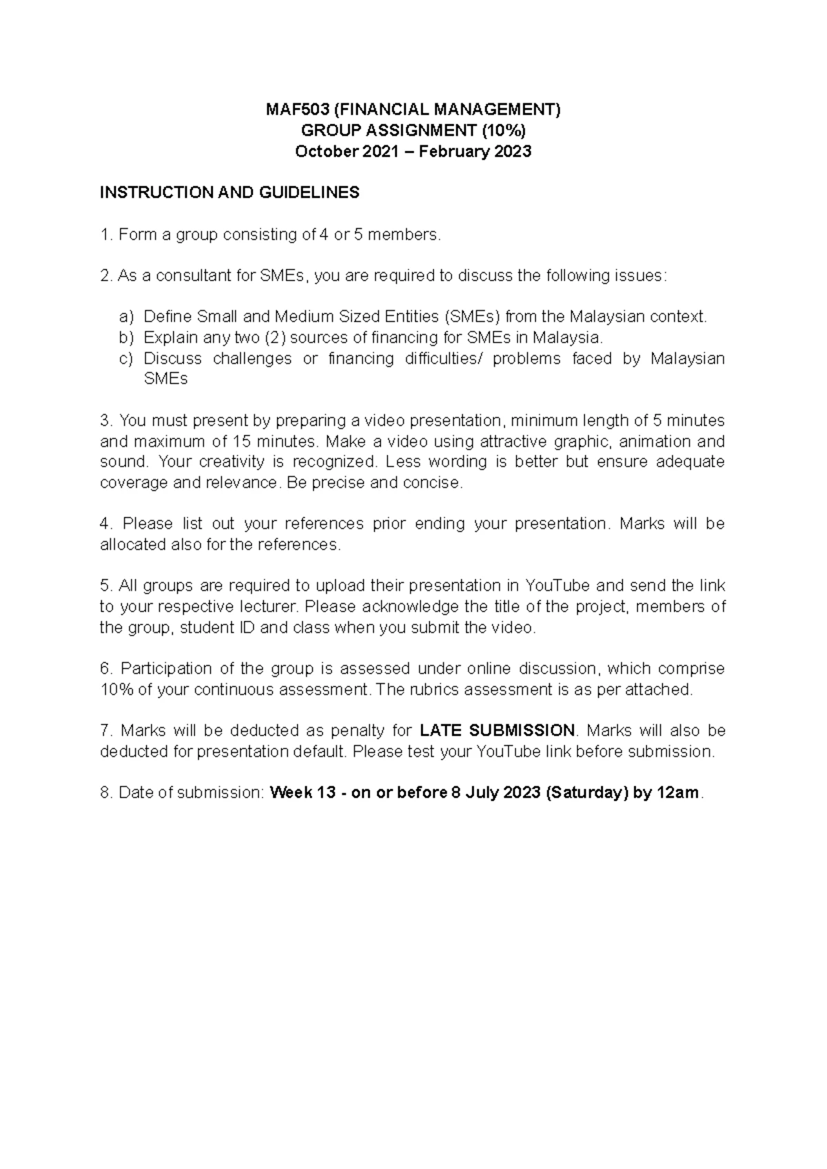 MAF503 - Group Assignment Instructions for SMEs Presentation - Studocu