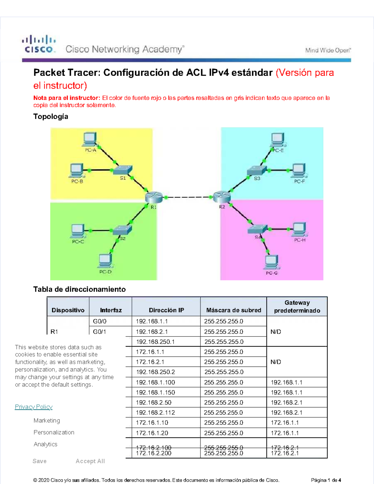 4.1.3.5 Packet Tracer - Configuración de ACL IPv4 Estándar - Studocu