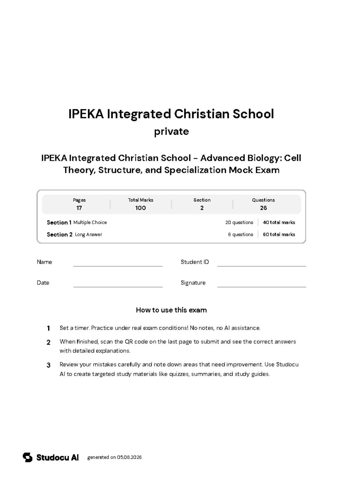 Advanced Biology Mock Exam: Cell Theory & Structure - Studocu
