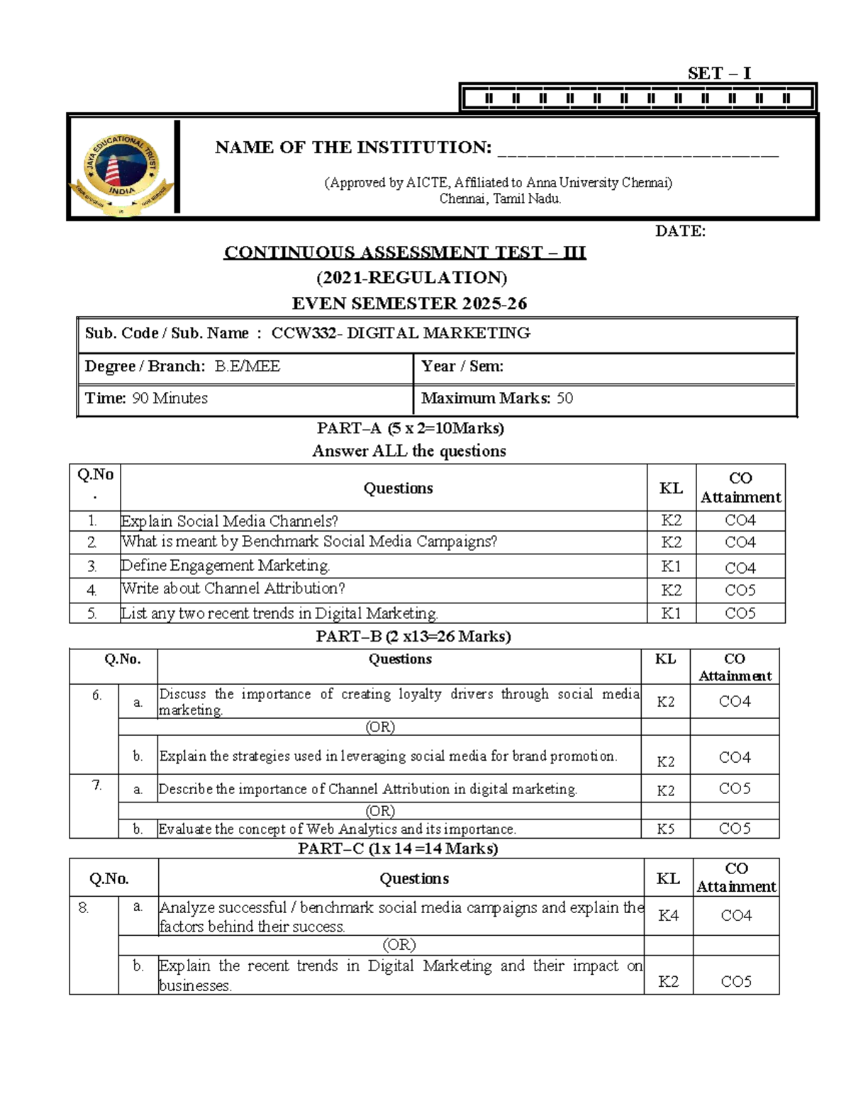 CAT III - Digital Marketing Continuous Assessment Test - SET 1 & 2 ...