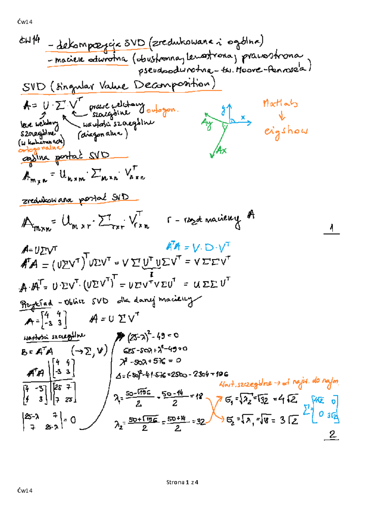 Alg cw14 A4 - SVD - Algebra z Geometrią - Strona 1 z Ćw Strona 2 z ...