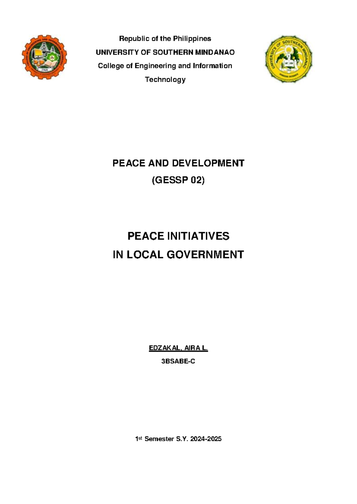 Peace and Development Initiatives in Local Government (GESSP 02) - Studocu