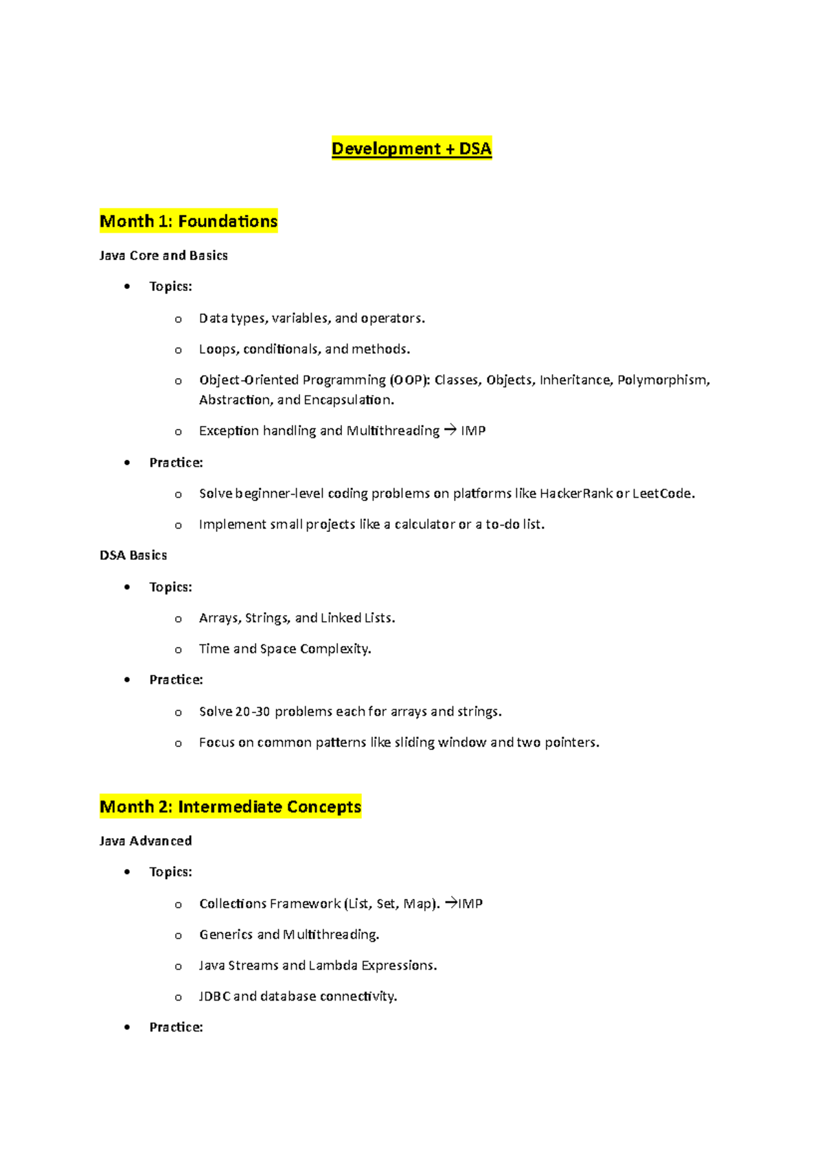Java & DSA 6-Month Development Roadmap: Foundations to Backend - Studocu
