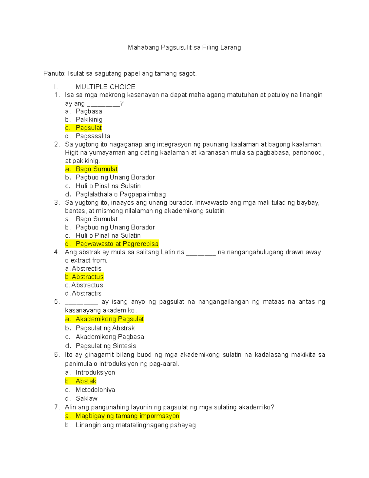 Mahabang Pagsusulit sa Piling Larang (KEY) - Mga Katanungan at Sagot ...