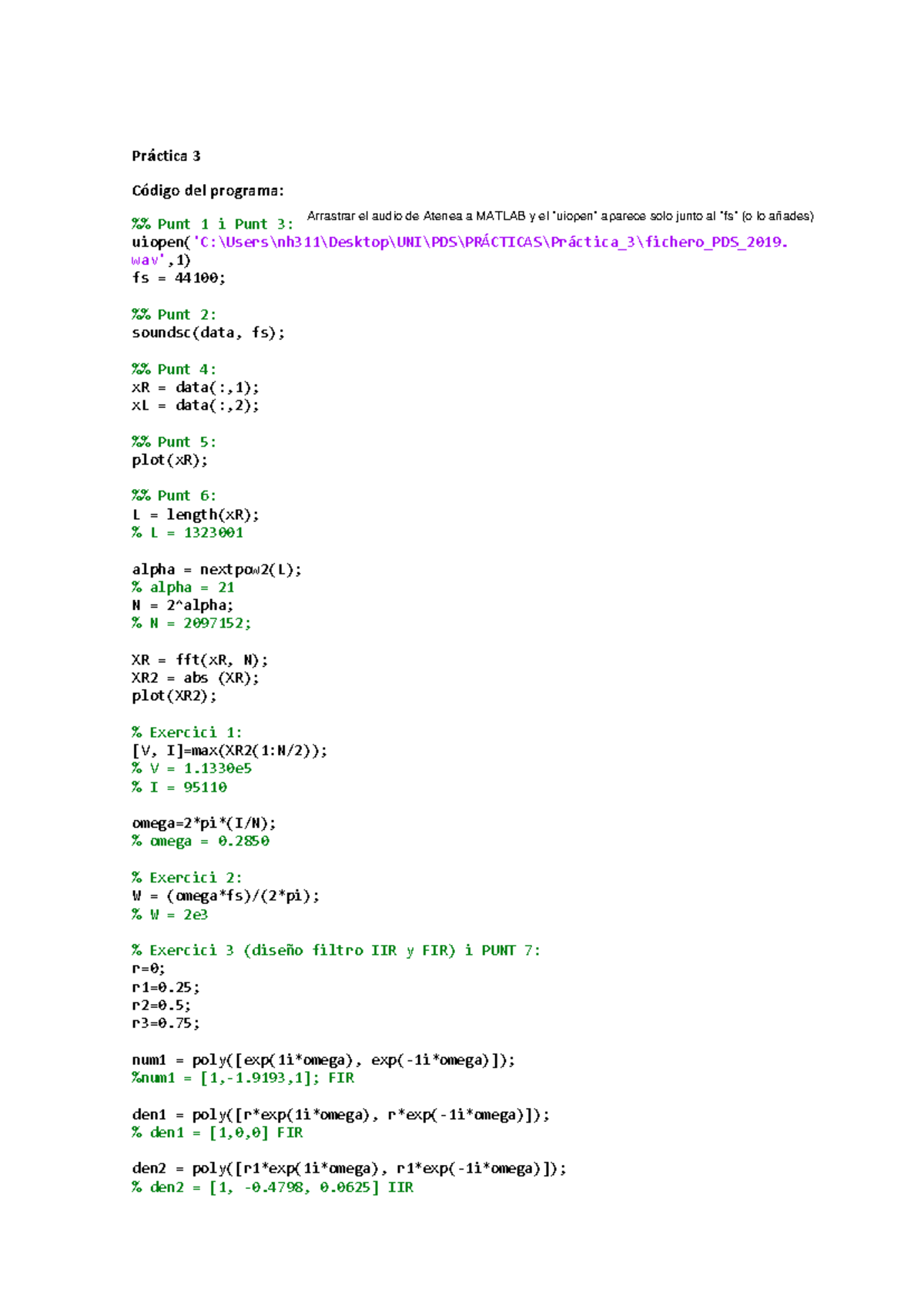 Código MATLAB en la práctica 3 - PDS (EETAC) - Práctica 3 Código del ...