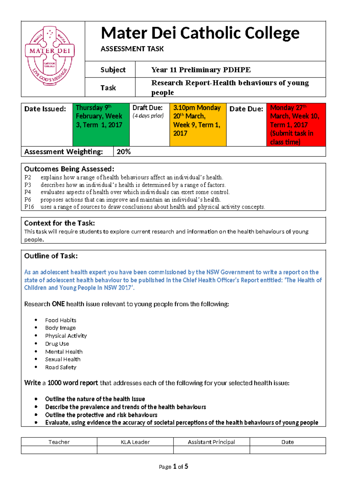 Assessment task 1 preliminary pdhpe 2017 - Mater Dei Catholic College ...