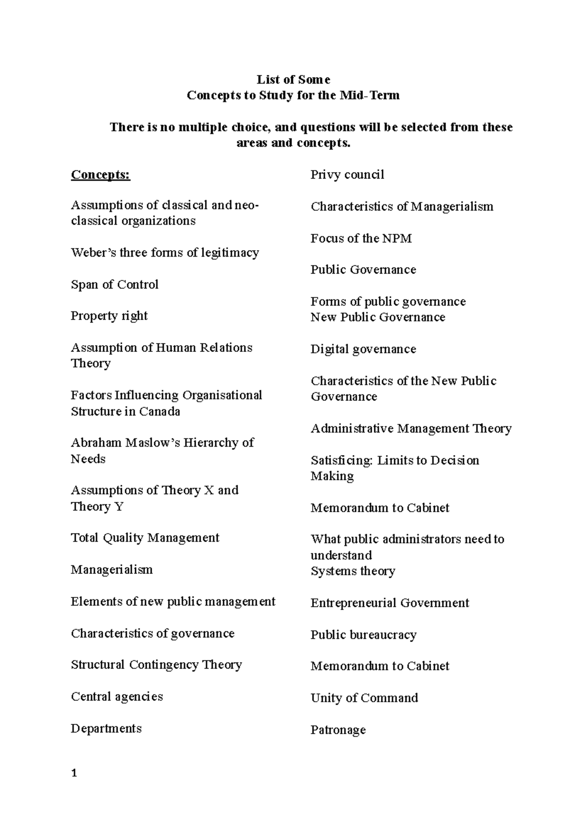 List of Key Concepts for Midterm Exam (Summer) - Studocu