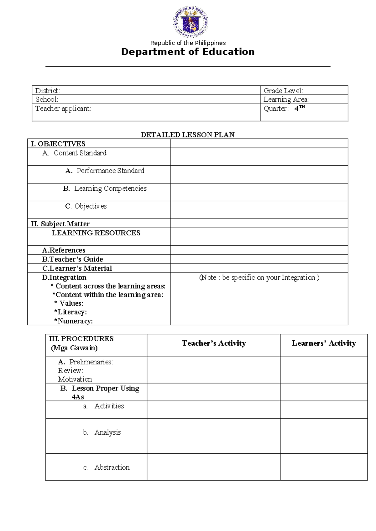 Detailed Lesson Plan A4: Objectives, Procedures, and Assessment - Studocu