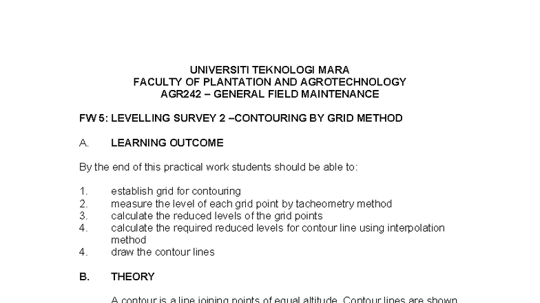 FW 5 - Levelling Survey 2: Contouring Using Grid Method - Studocu