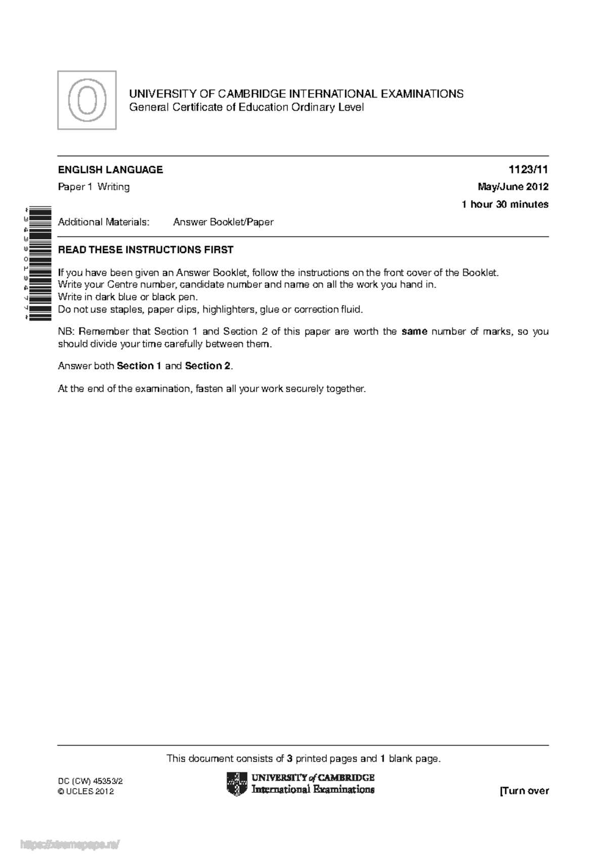 Cambridge O Level English Language 2012 Paper 1 Writing Exam - Studocu