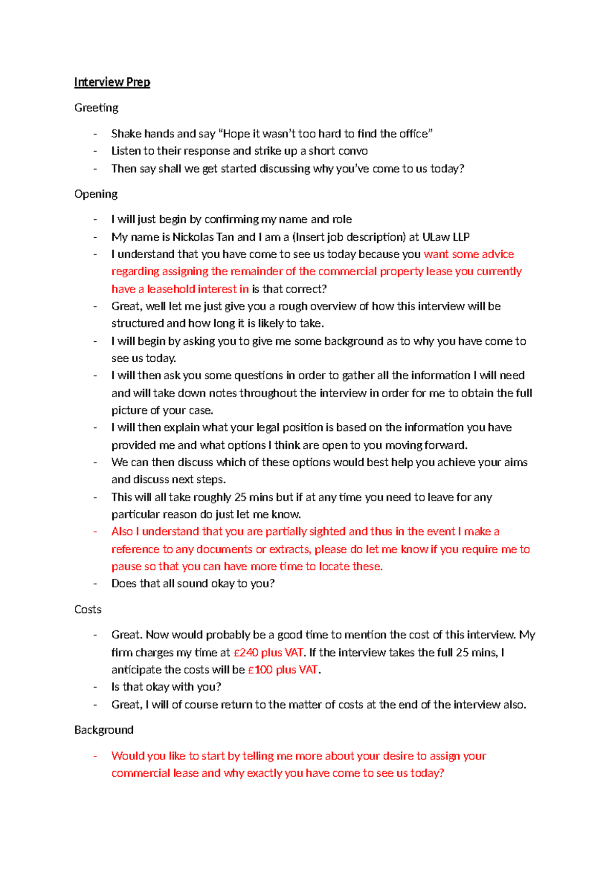 Interviewing Mock Script Template for Legal Consultation at ULaw LLP ...
