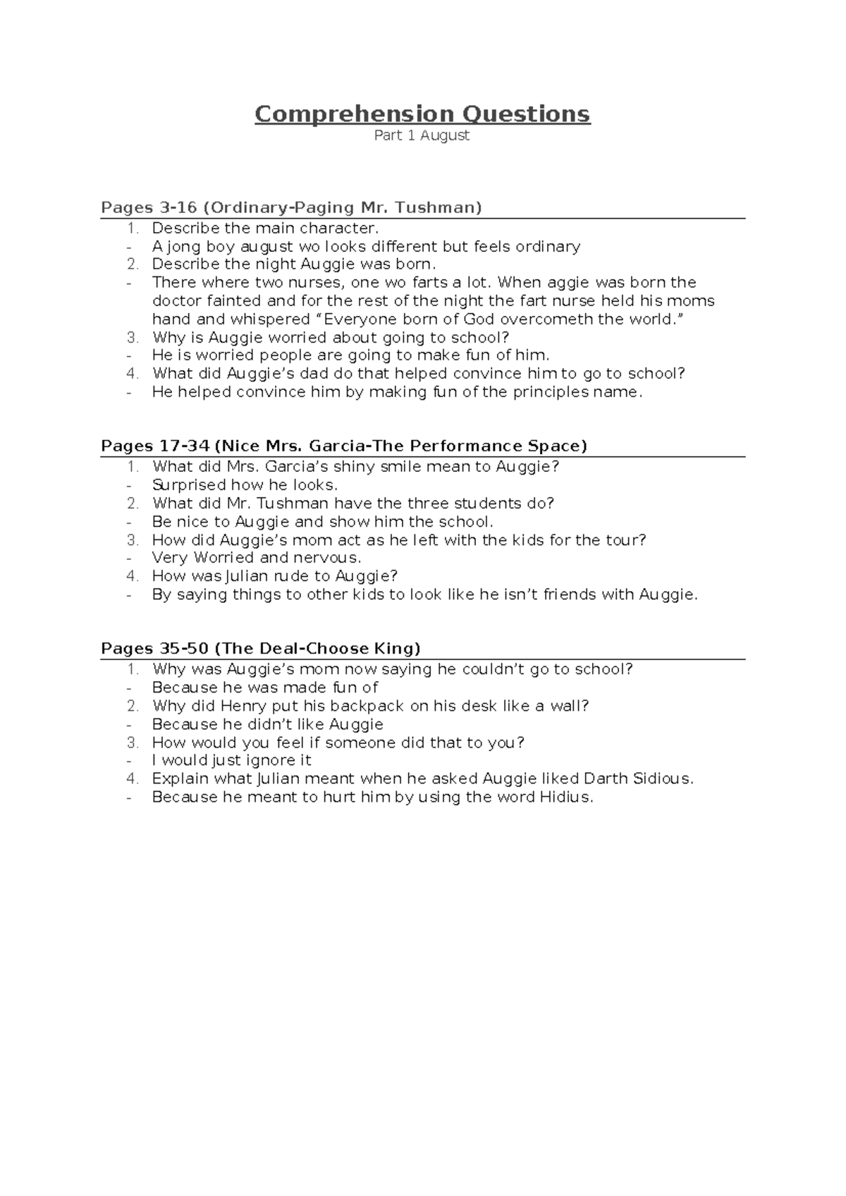 Comprehension Questions for 'Wonder' (Pages 3-50) - Studeersnel