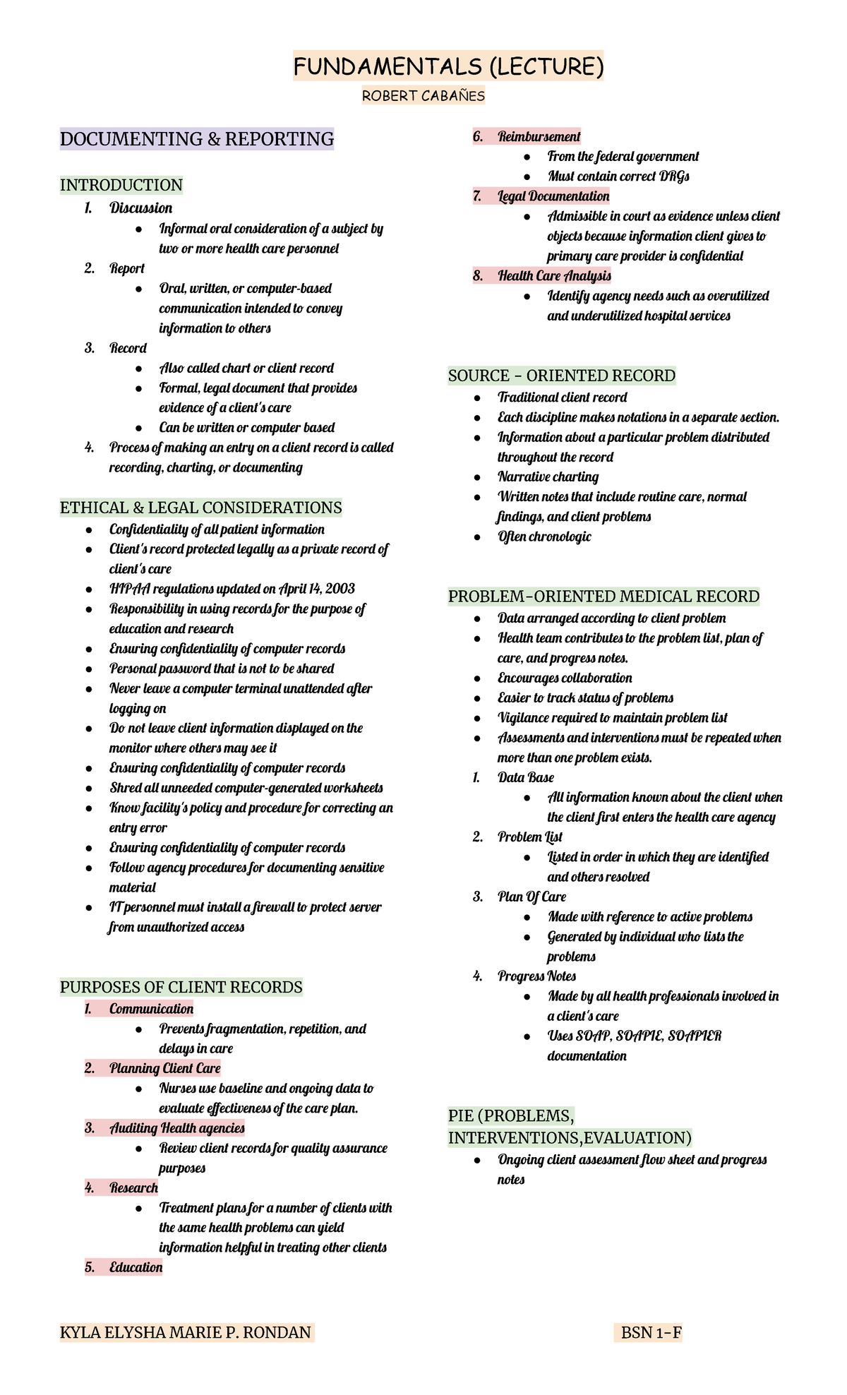 Fundamentals (Lecture) BSN documentation and reporting overview - Studocu