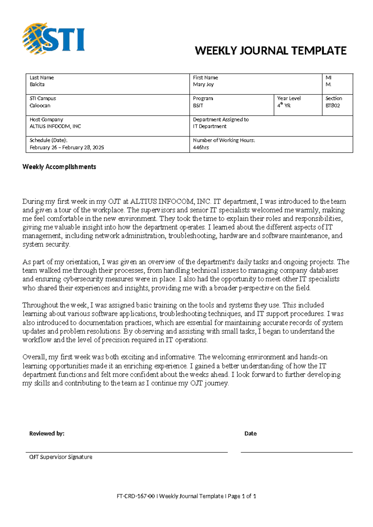 Weekly Journal Template - OJT at ALTIUS INFOCOM, INC (BSIT) - Studocu