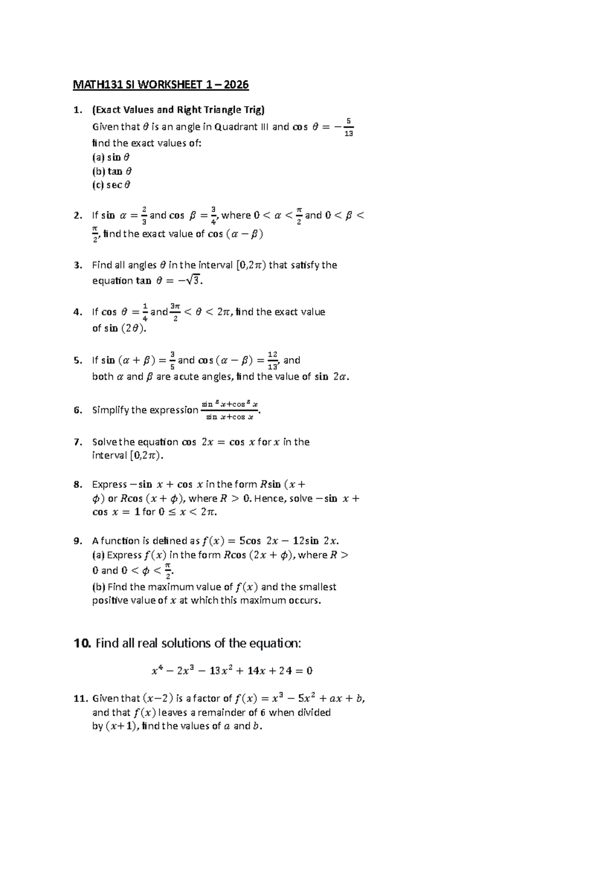 Math131 - SI Worksheet 1: Exact Values & Trig Functions - Studocu