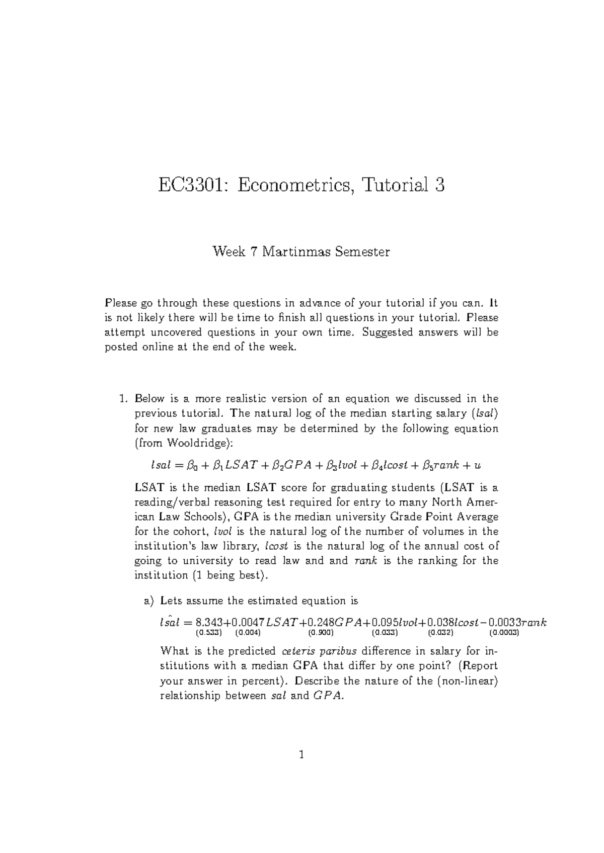 EC3301: Econometrics Tutorial 3 - Week 7 Questions & Insights - Studocu