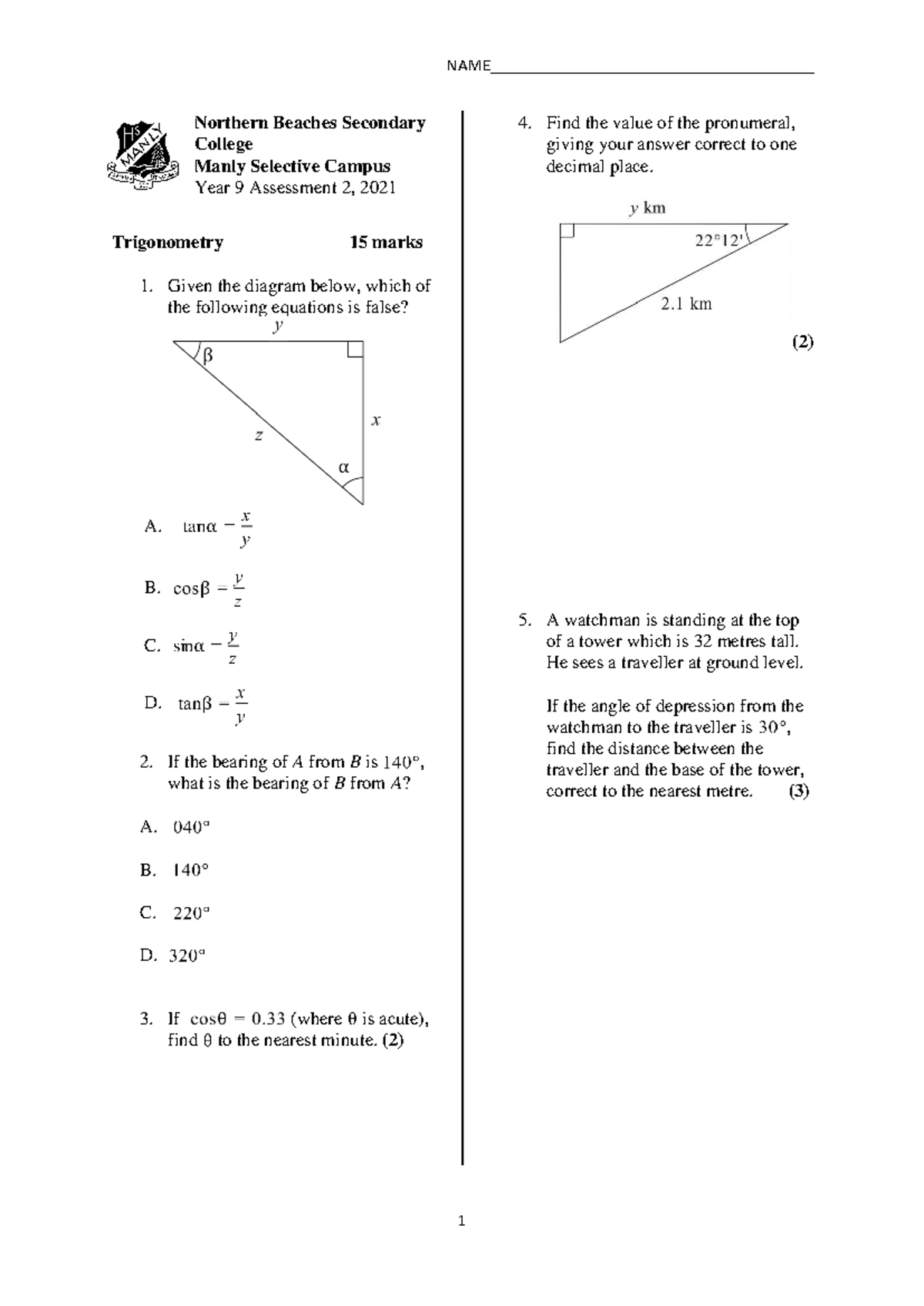 2021 Yr 9 Assessment 2 - Trigonometry Practice Paper - Studocu