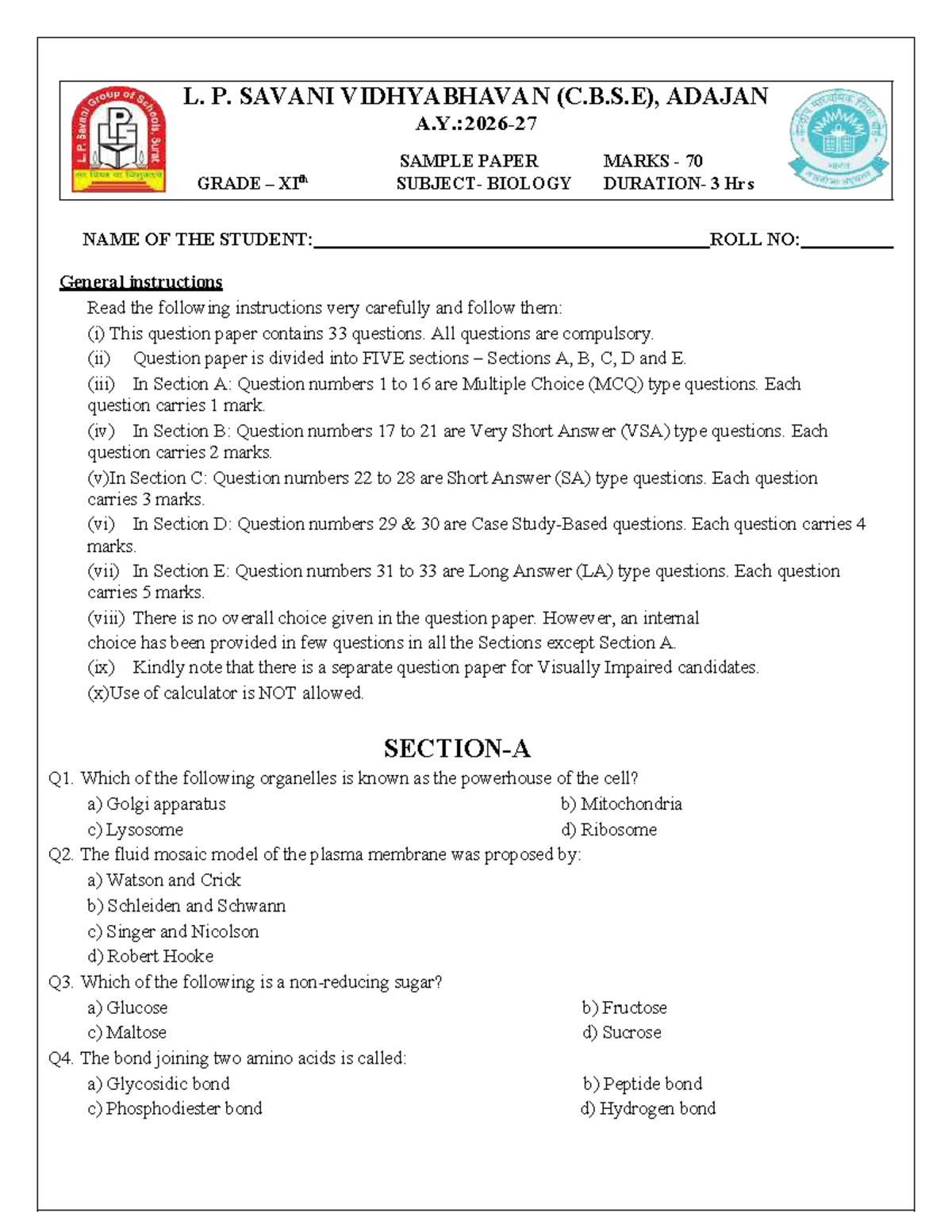 11TH BIO (C.B.S.E) Sample Paper - Grade XI Biology Exam - Studocu