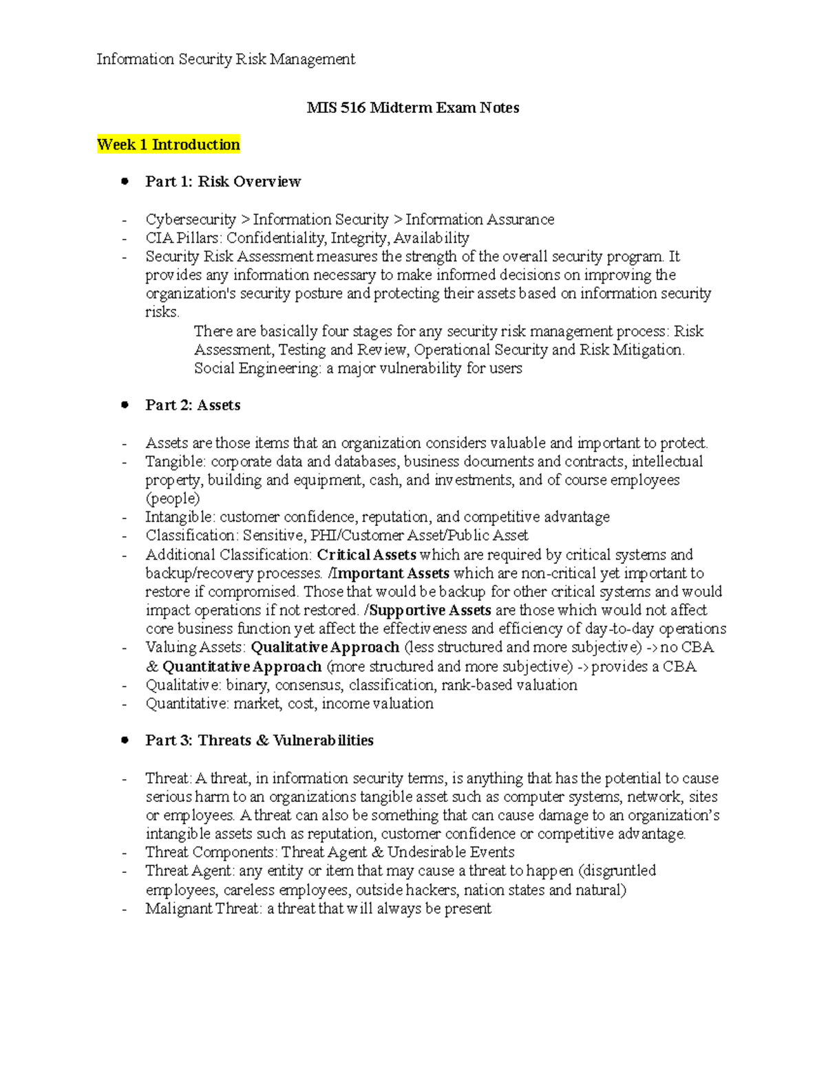MIS516 Midterm Exam Notes: Key Concepts in Risk Management - Studocu