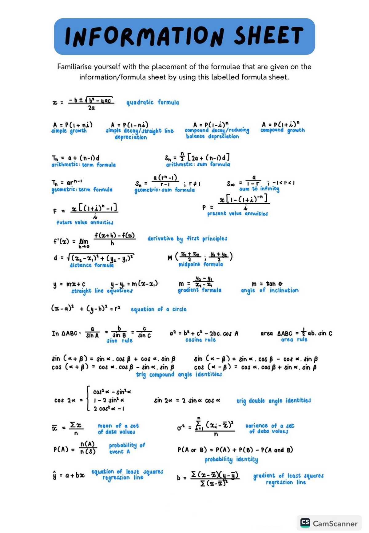 Math Paper 2 Info Sheet: Key Formulas & Concepts - Studocu