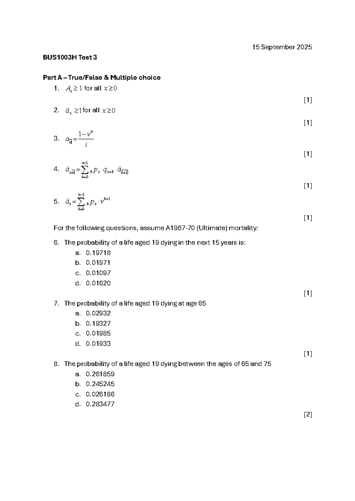 BUS1003H Test 3 - 2025: Multiple Choice & Financial Math - Studocu