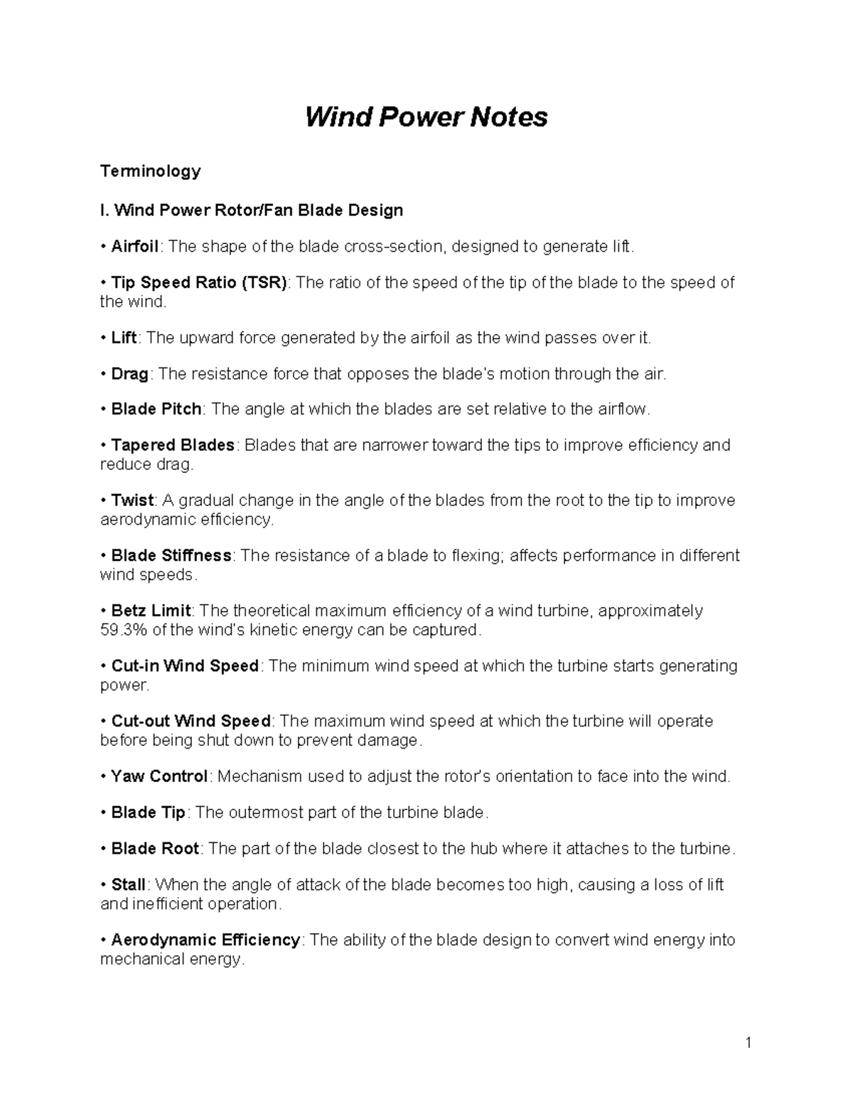 Wind power notes: terminology and blade design concepts - Studocu