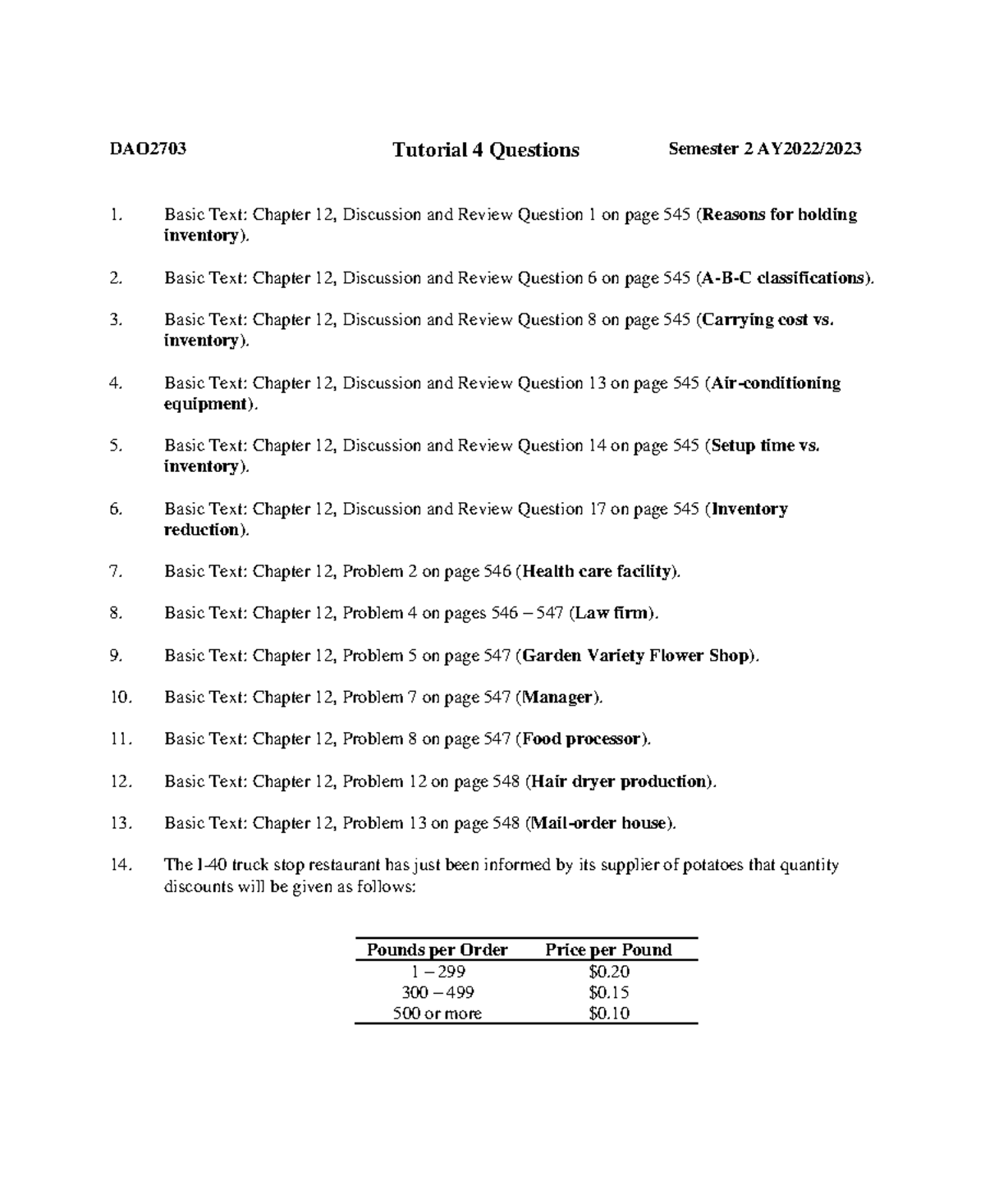 DAO2703 Tutorial 4 Questions - Inventory Management Topics - Studocu