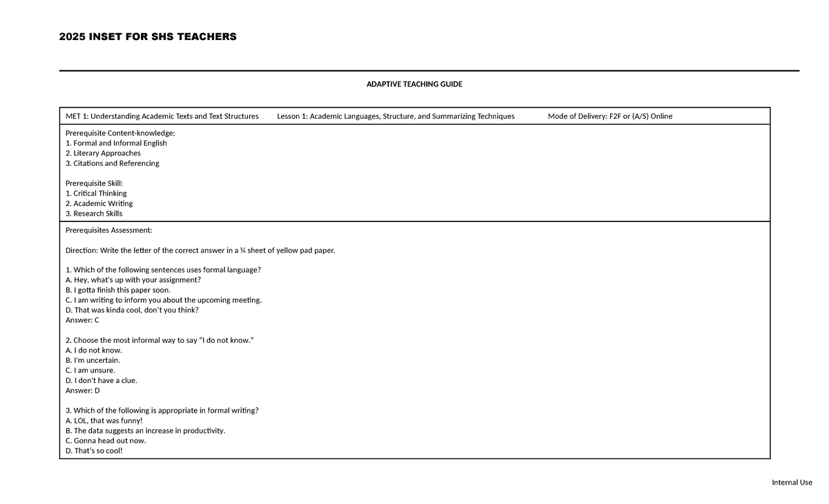 EAPP MET 1: Adaptive Teaching Guide for Academic Texts and Summarizing ...