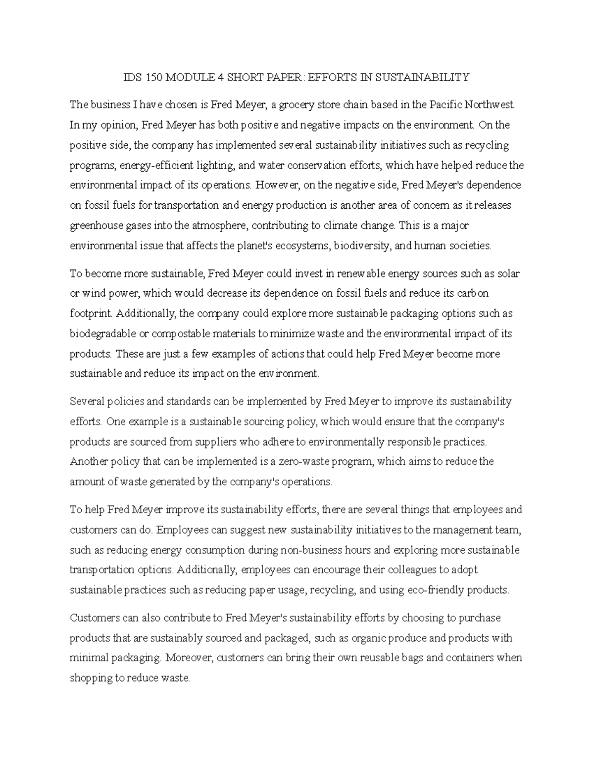 IDS 150 Module 4 Short Paper: Assessing Fred Meyer’s Sustainability ...