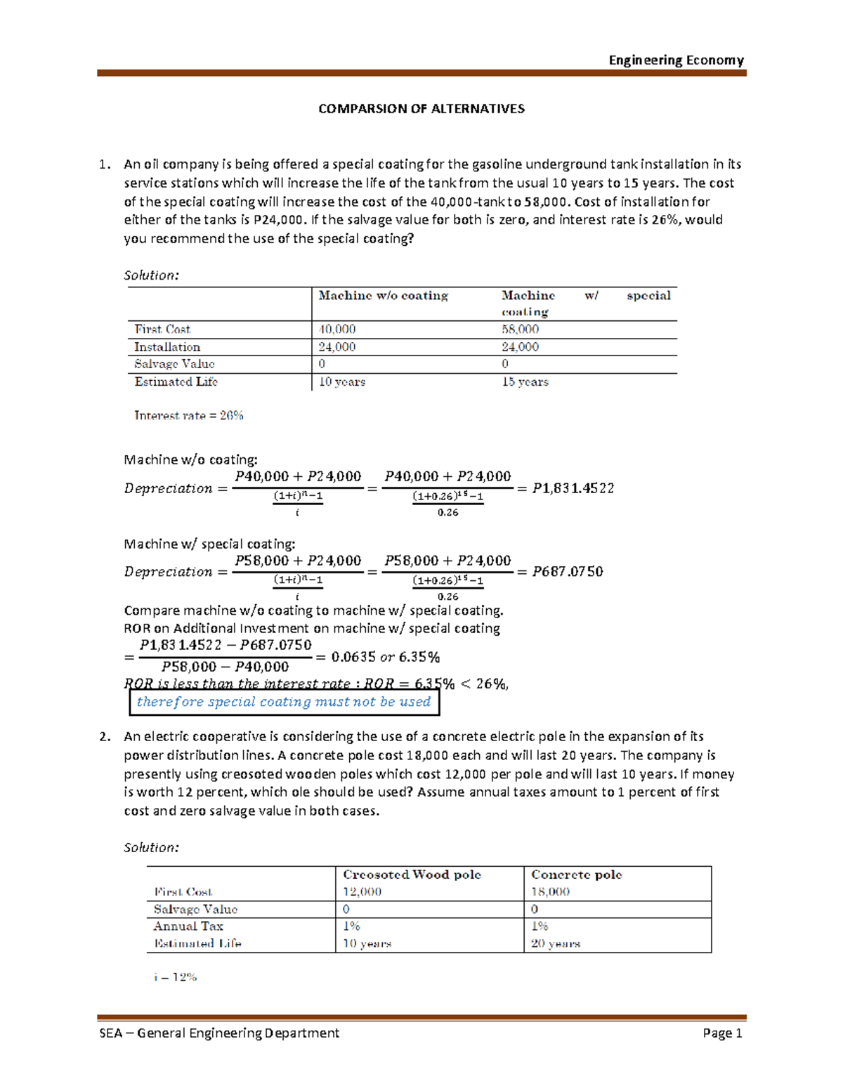 Lesson 9: Comparison of Alternatives in Engineering Economy Analysis ...