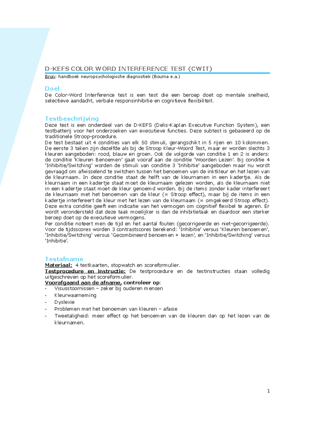 D-KEFS CWIT: Instructies en Scoring voor Color Word Interference Test ...