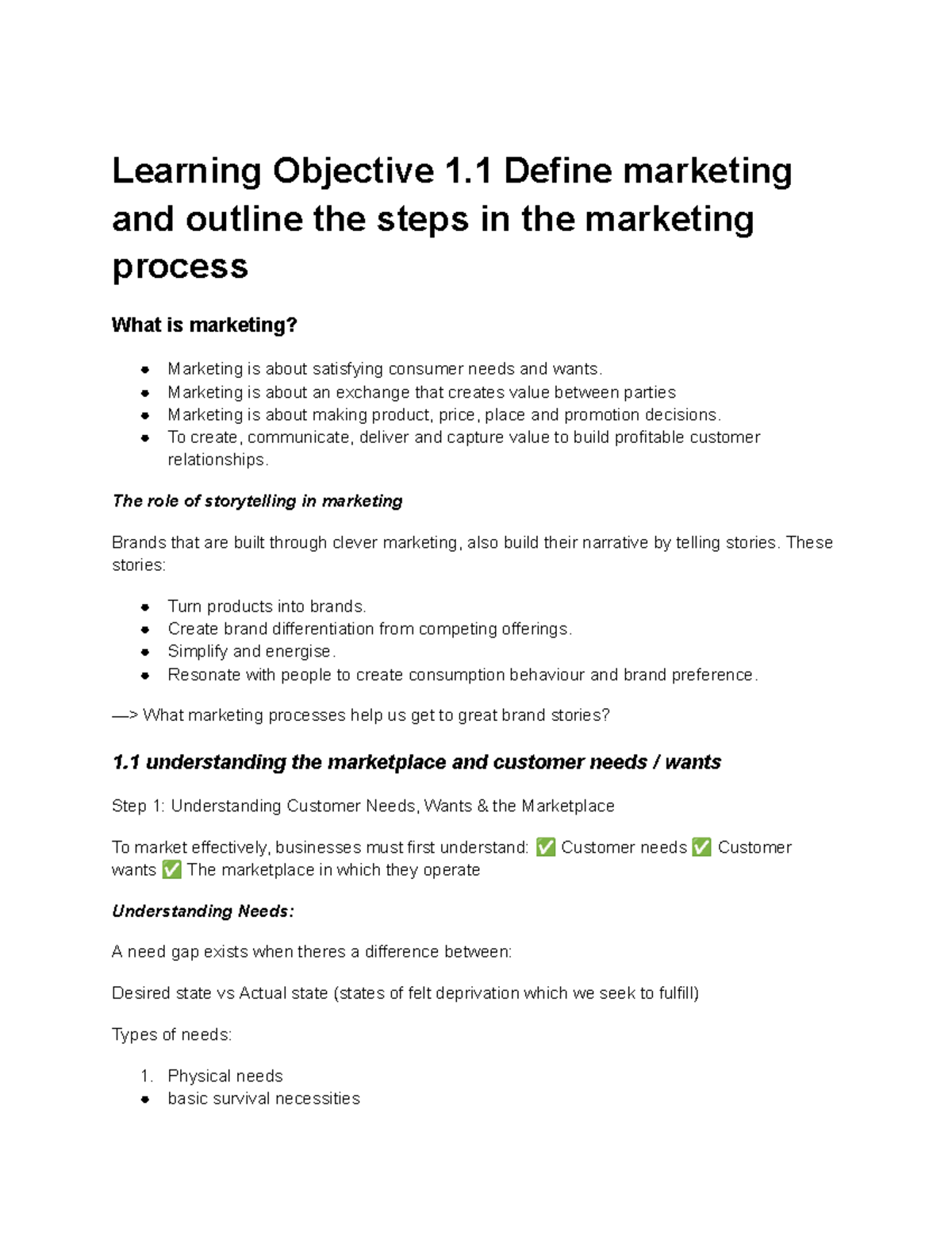 Mktg 1 - lecture notes chapter 1 - Learning Objective 1 Define ...