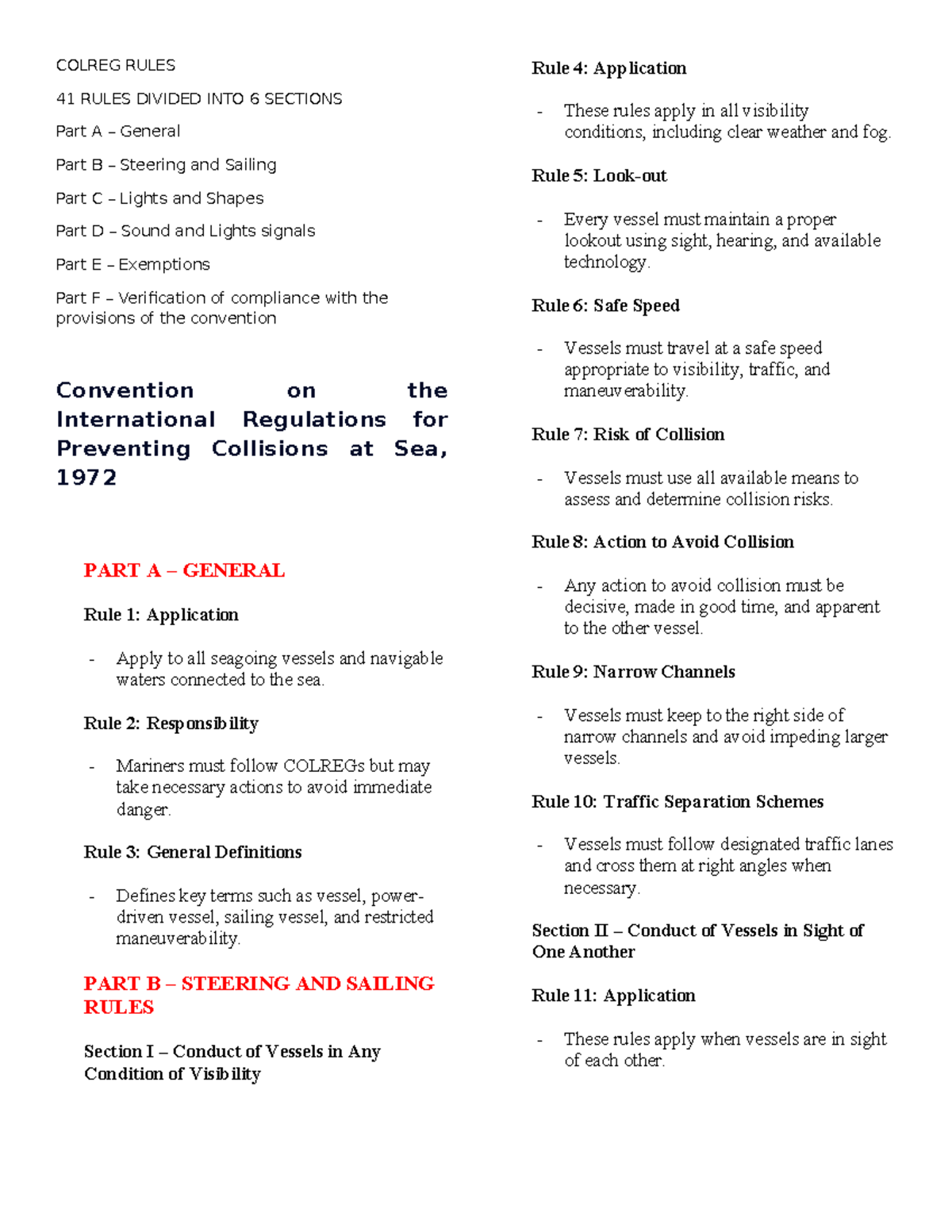 COLREGs Rules Overview: Sections A-F for Safe Navigation - Studocu