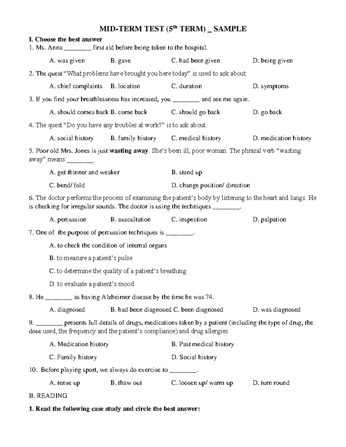 Midterm TEST (5th TERM) Sample Questions and Case Study - Studocu