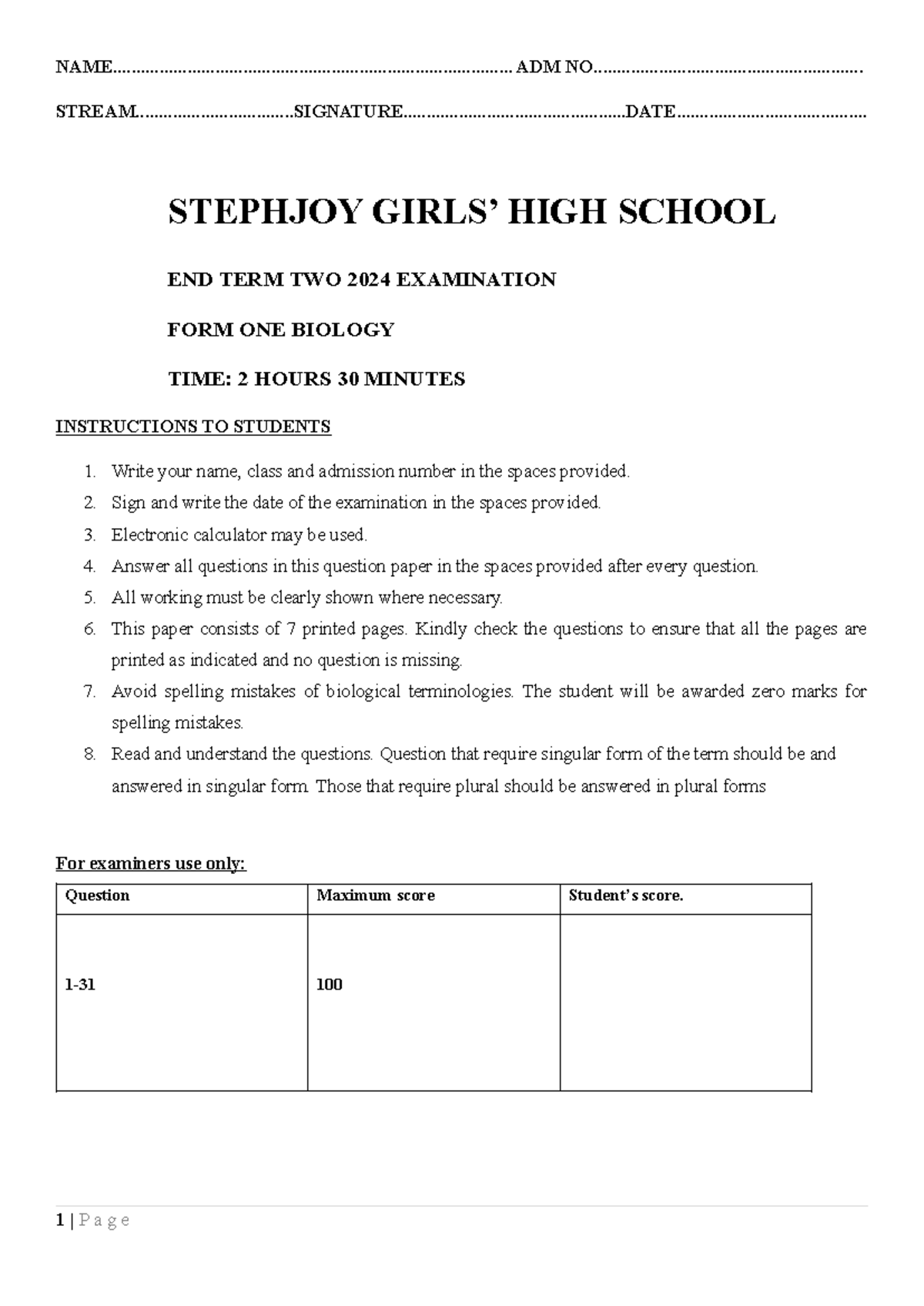 END TERM TWO 2024 EXAMINATION FORM ONE BIOLOGY - Studocu