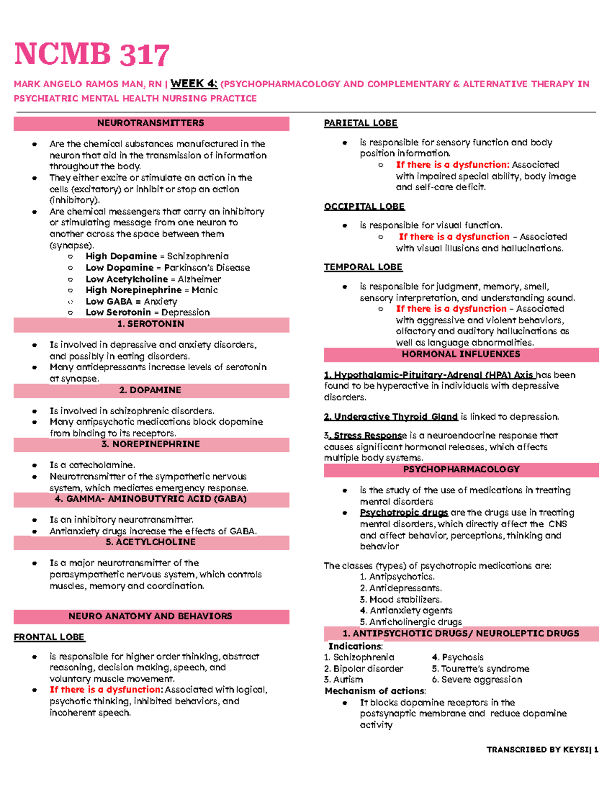 NCMB 317 - WEEK 4 - Psychopharmacology & Neurotransmitters in Mental ...